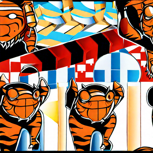 tiger, tuxedo, flag, carpet, tape measure, lightsaber, campfire, tattoo, magnifying glass, crab